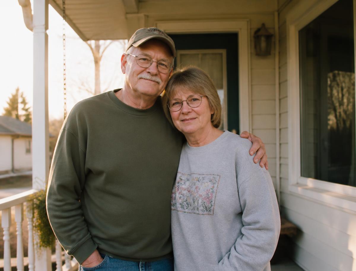 An older couple standing together on the porch of their home